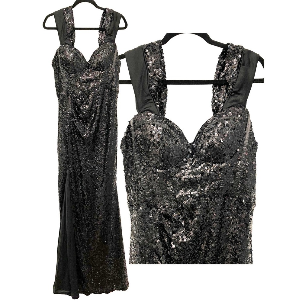 Faeristy Black Sequin High Slit Evening Gala Prom Gown Dress - Sz XL